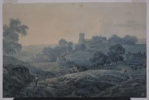 Landscape with church and cottages, by Pyne