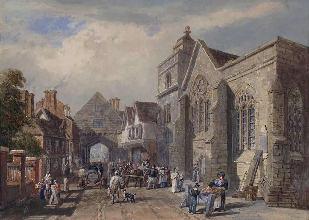 St. Nicholas Church and the College Gateway, Rochester, by Pyne, watercolor, 1830