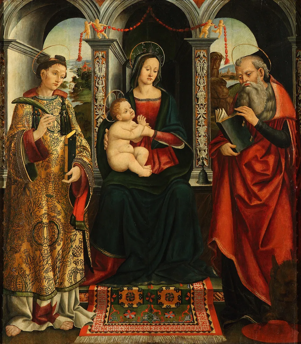 The Virgin and Child enthroned with St. Stephanus and St. Jerome, by Q134489879, paint, 1510