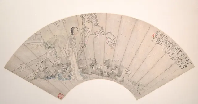 清 錢慧安 仕女圖 摺扇|Woman in a garden