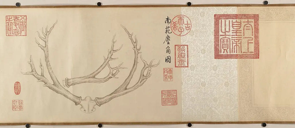 清 弘曆(乾隆皇帝) 鹿角雙幅 卷|Two Paintings of Deer Antlers, by Qianlong Emperor, ink, 1762