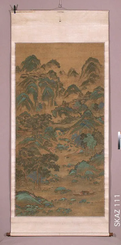 Przeprawa przez górski potok - pejzaż w stylu niebiesko-zielonym, by Qiu Ying, unspecified, 1533