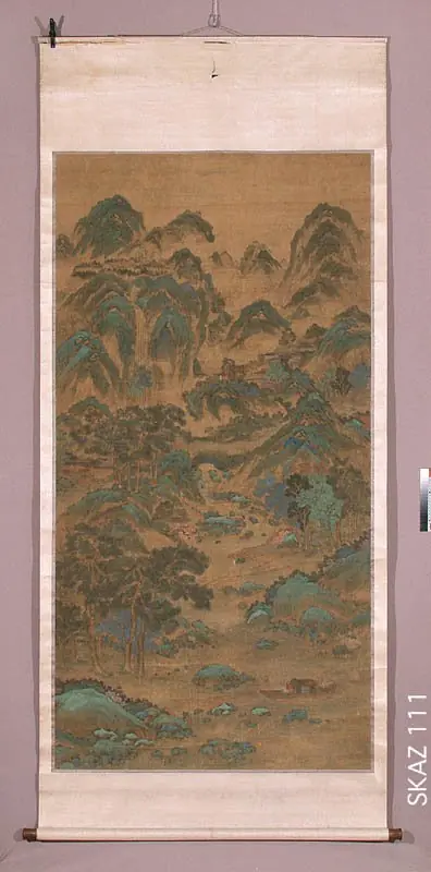 Przeprawa przez górski potok - pejzaż w stylu niebiesko-zielonym, by Qiu Ying