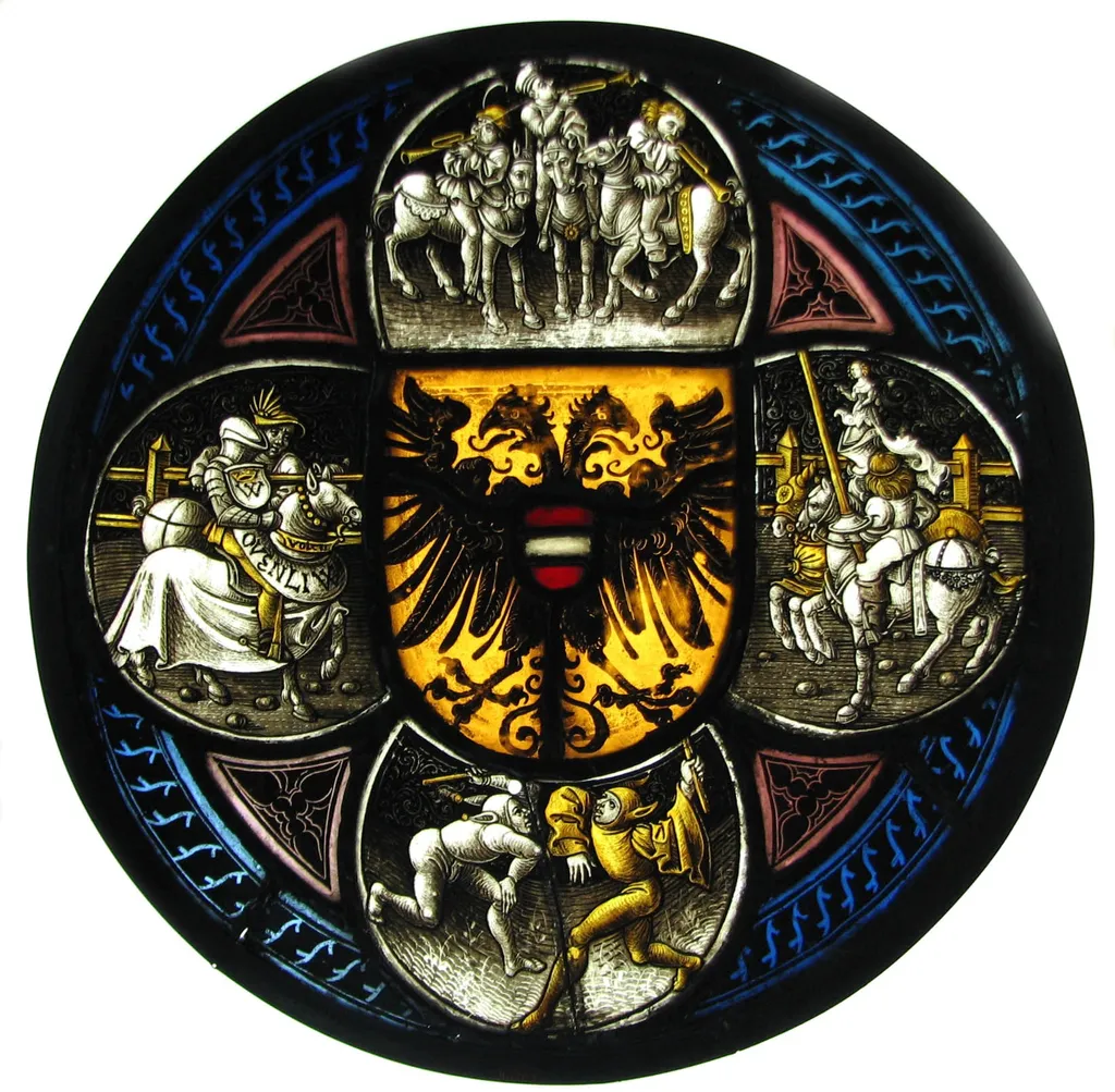 Quatrefoil Roundel with Arms and Secular Scenes, unspecified, 1500