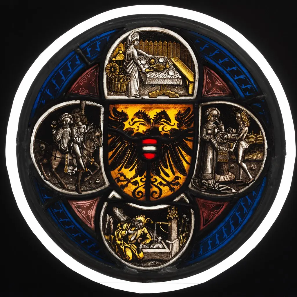 Quatrefoil Roundel with Arms and Secular Scenes, 1500