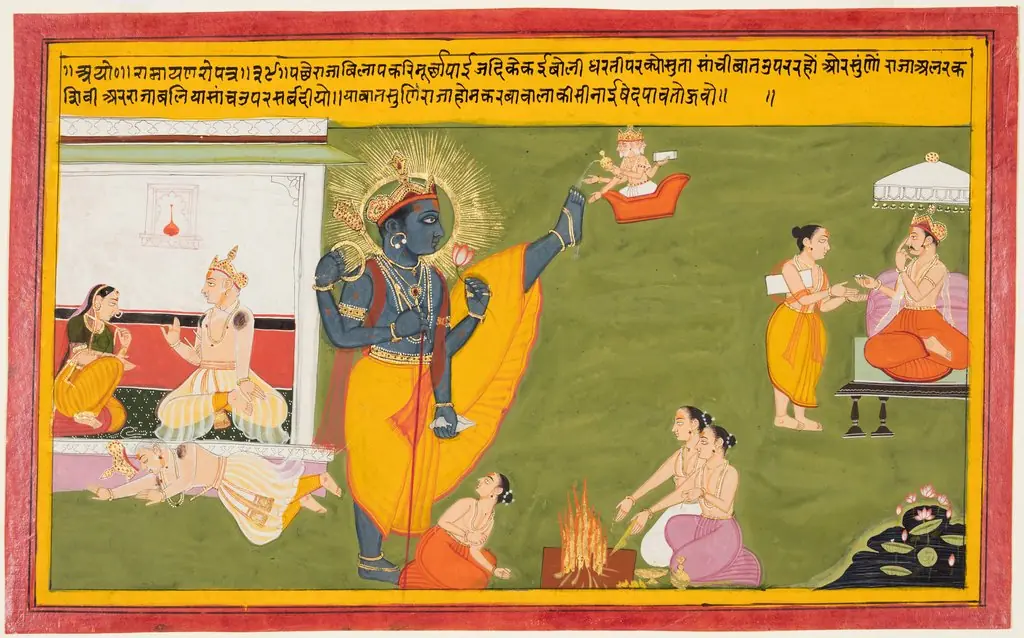 Queen Kaikeyi reminds King Dasharatha about the sacrifices of King Bali and King Shivi, folio 39 from the Ayodhya Kanda (Book of Ayodhya) of a Ramayana (Rama's Journey), 1710