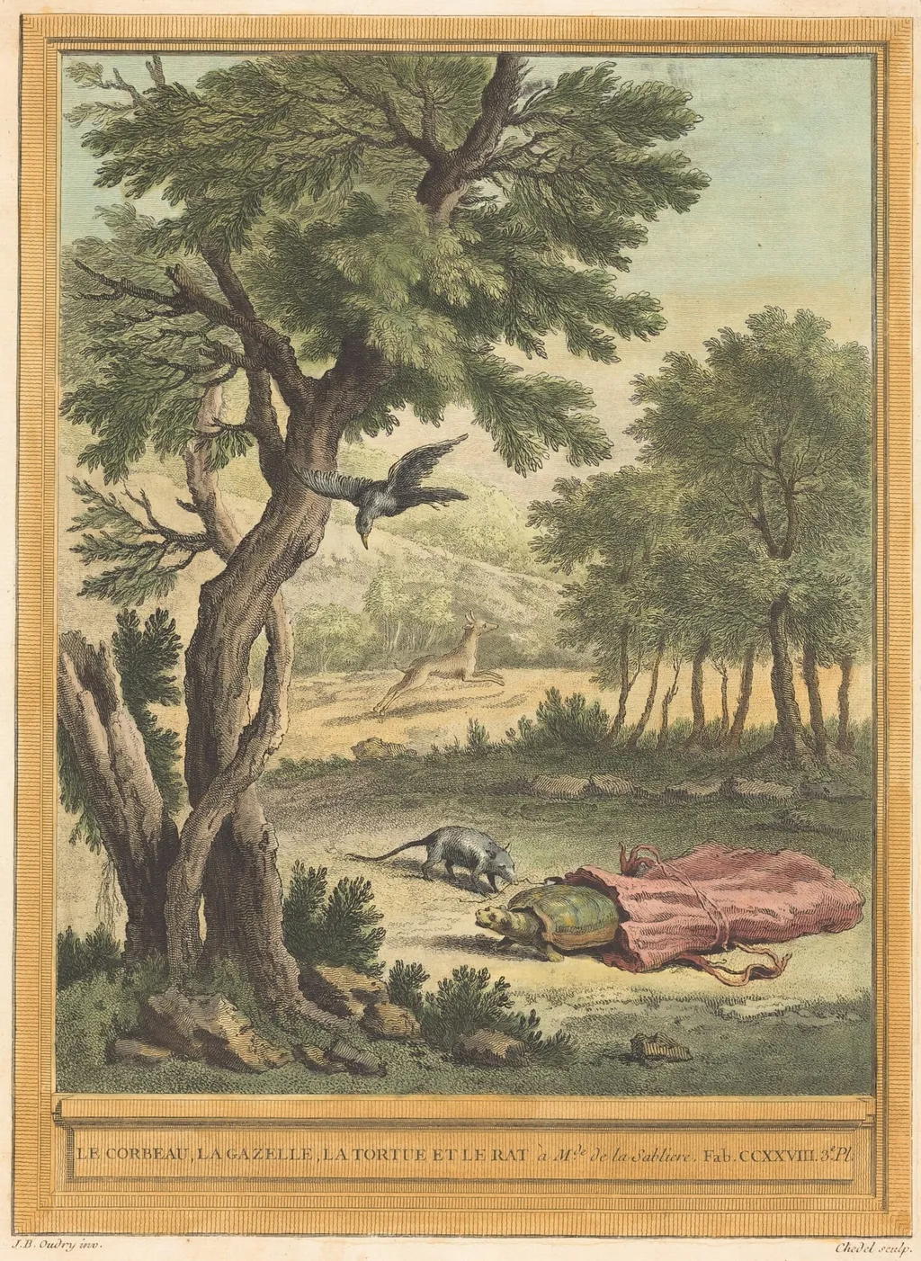 Le corbeau, la gazelle, la tortue et le rat (The Crow, the Gazelle, the Tortoise, and, by Quentin-Pierre Chedel, ink, 1759