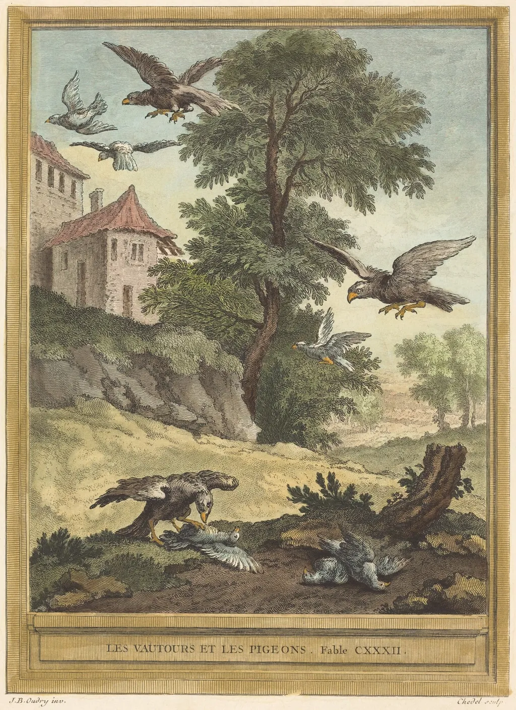 Les vautours et les pigeons (Vultures and Pigeons), by Quentin-Pierre Chedel, ink, 1756