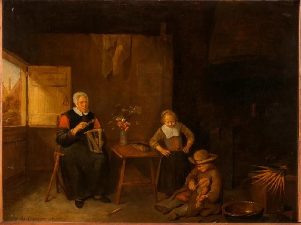 An Old Woman Twisting Threads and Two Children in the Room, by Quirijn van Brekelenkam, oil, 1662