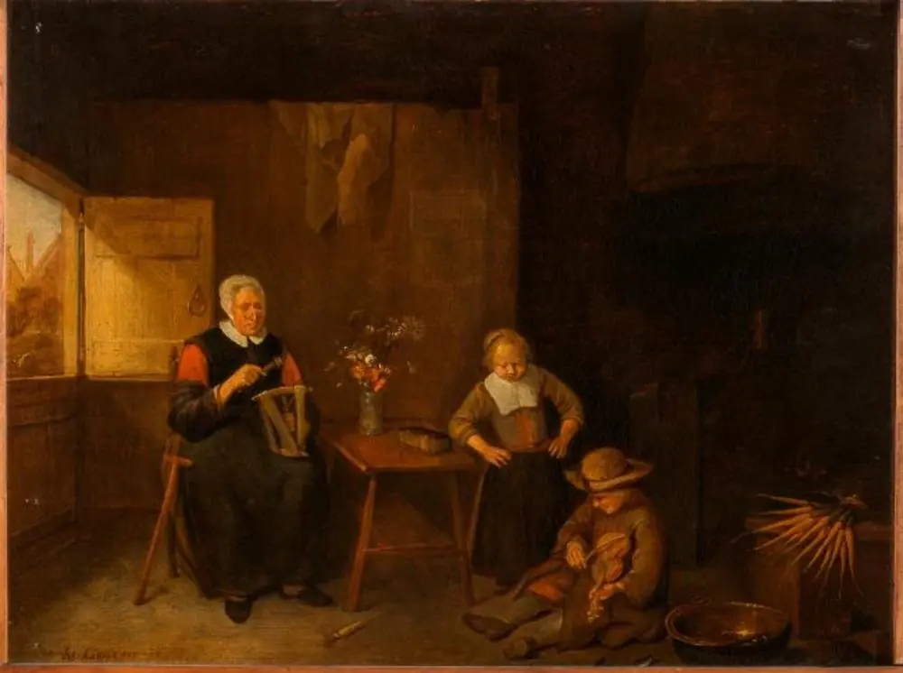 An Old Woman Twisting Threads and Two Children in the Room, by Quirijn van Brekelenkam