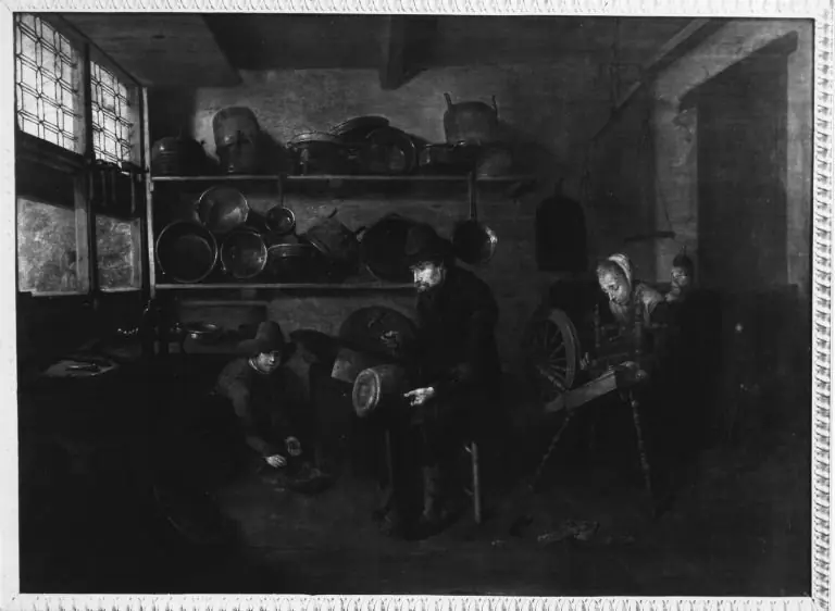 Copper smith and woman spinning in a workshop