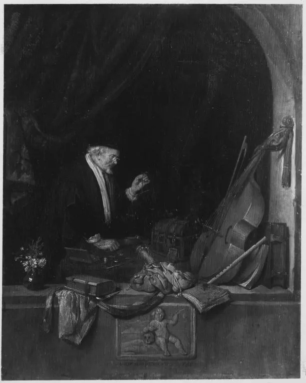 Gold weigher in a window, by Quirijn van Brekelenkam, oil, 1668