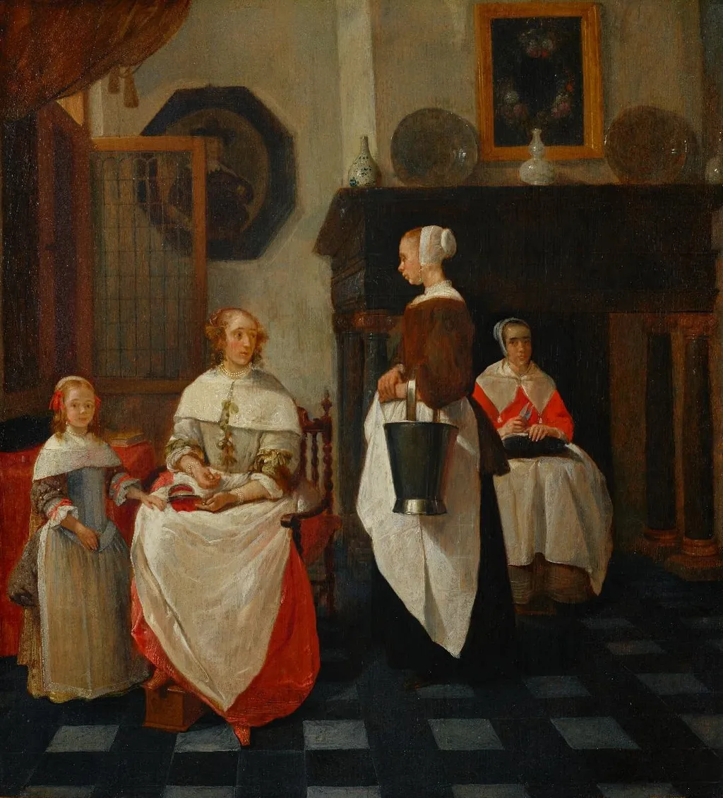 Interieur mit drei Frauen und einem Mädchen, by Quirijn van Brekelenkam, oil, 1663