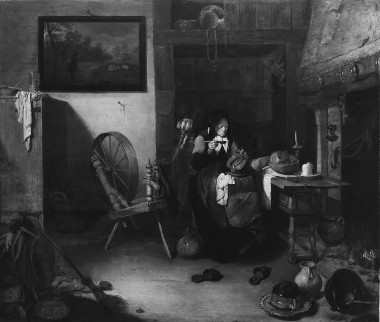 Old Woman eating Porridge by a Spinning Wheel, by Quirijn van Brekelenkam, oil, 1654