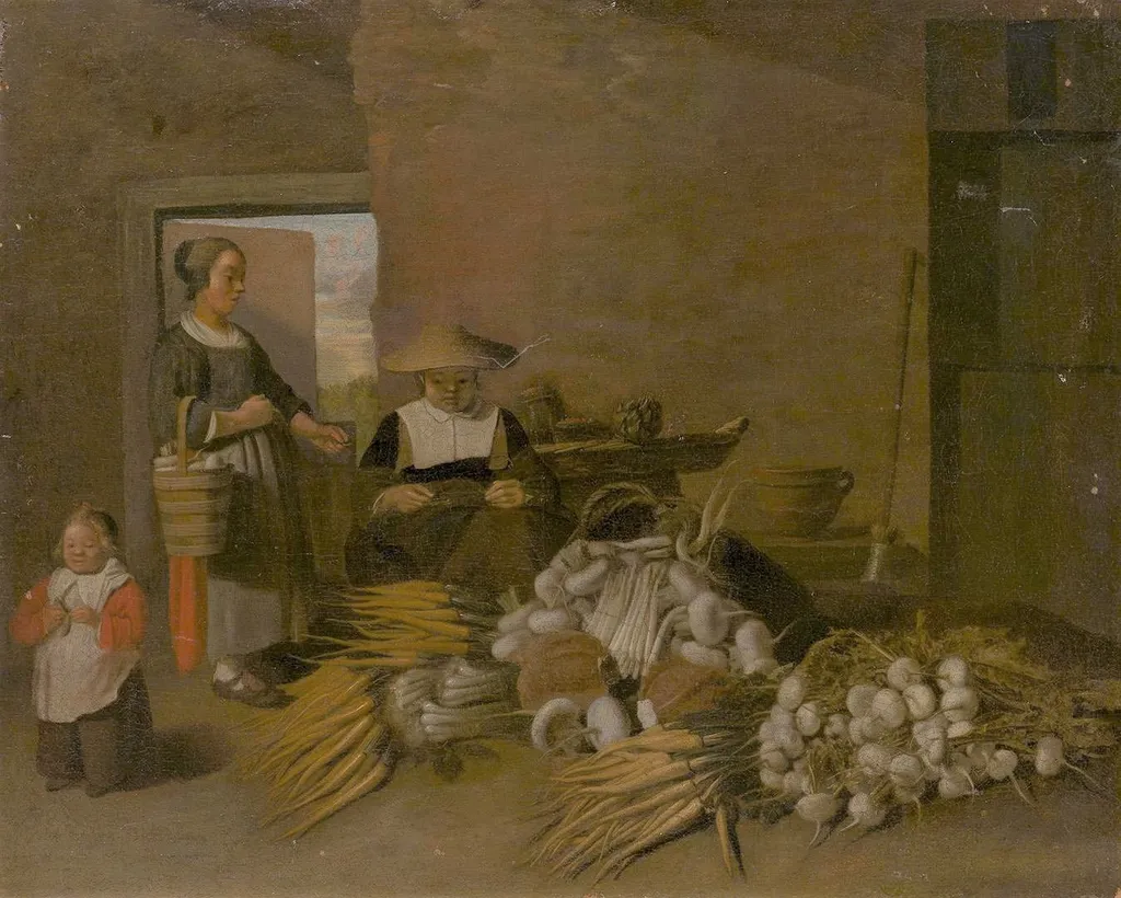 Woman Selling Vegetables, by Quirijn van Brekelenkam, oil, 1655