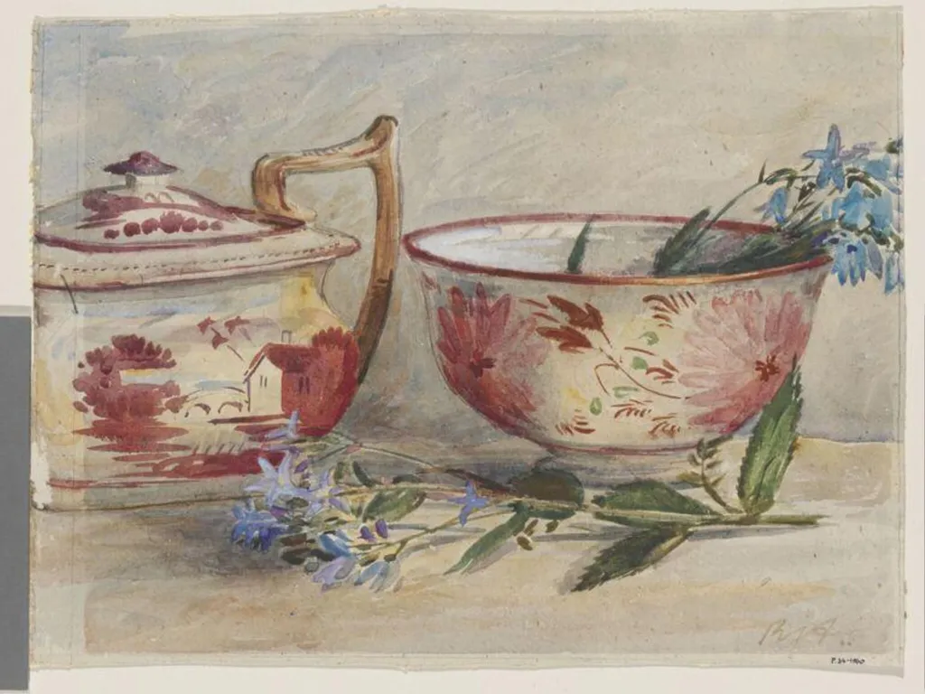 Lustre teapot and bowl, by R Alston, watercolor, 1925