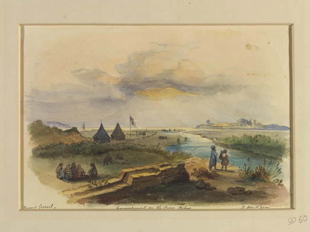 Encampment on the River Belus, by R. Aulick, watercolor, 1848