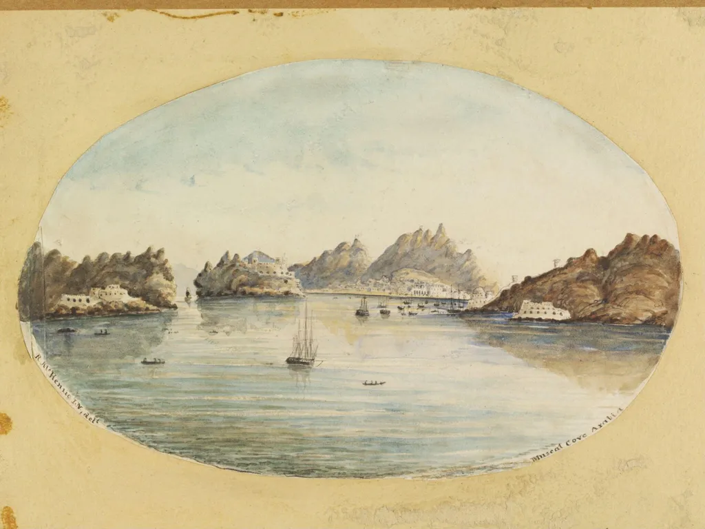 Muscat Cove, Arabia, by R. McKenzie, watercolor, 1826