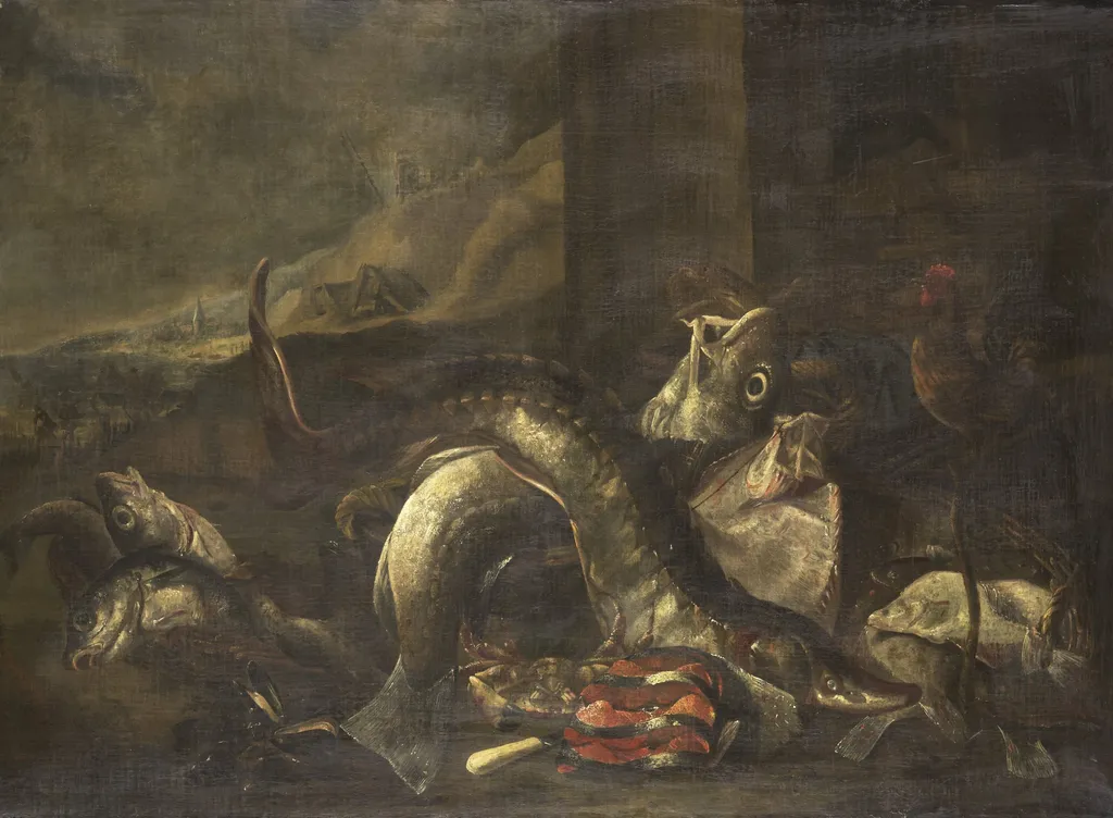 Still Life with Fish, by R. van Burgh, oil, 1690