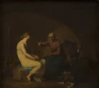 Røverbandens husholderske trøster den unge pige ved at fortælle myten om Amor og Psyche. Motiv fra Apulejus: Det gyldne æsel