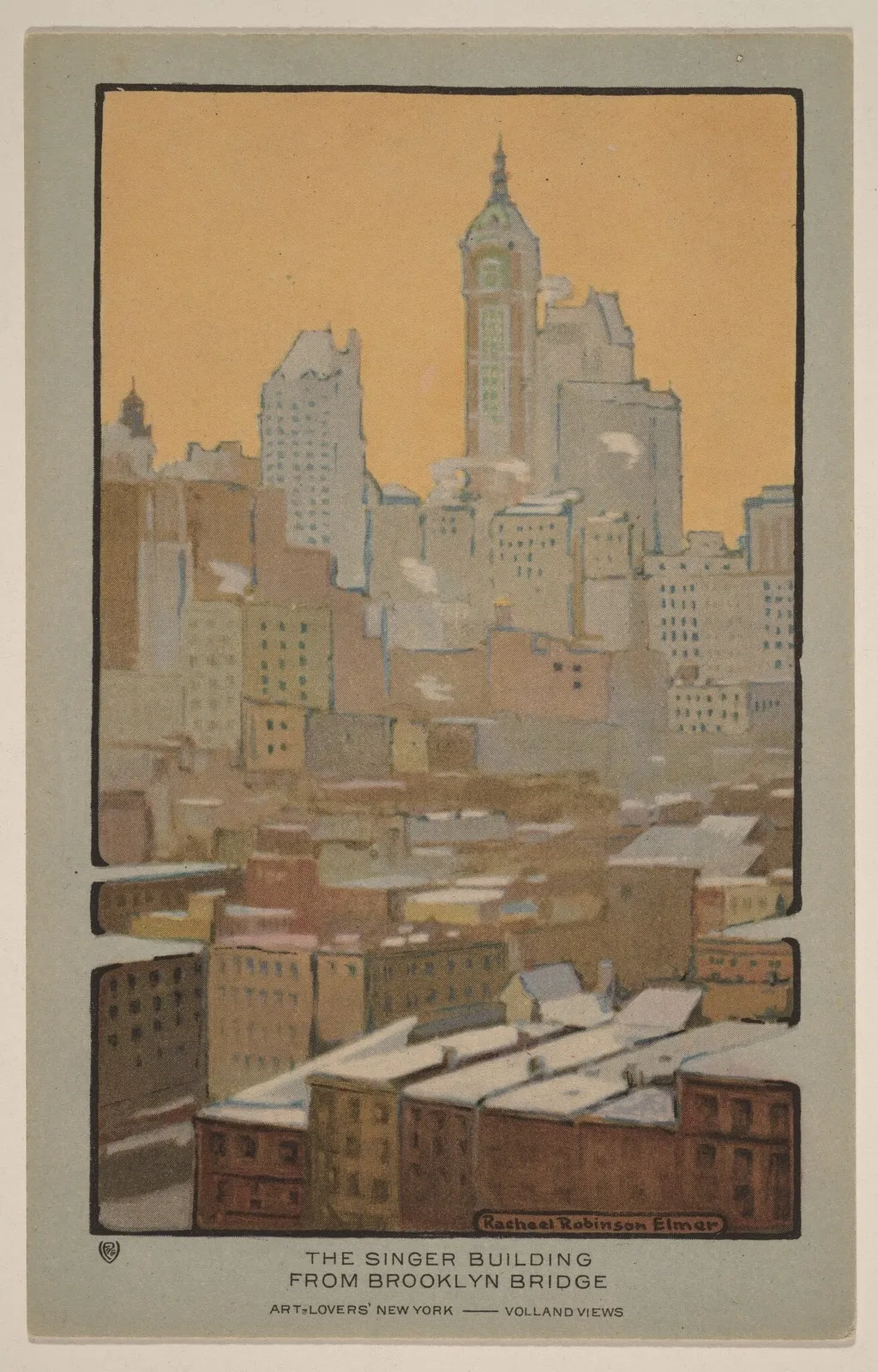 The Singer Building from Brooklyn Bridge, by Rachael Robinson Elmer, ink, 1914