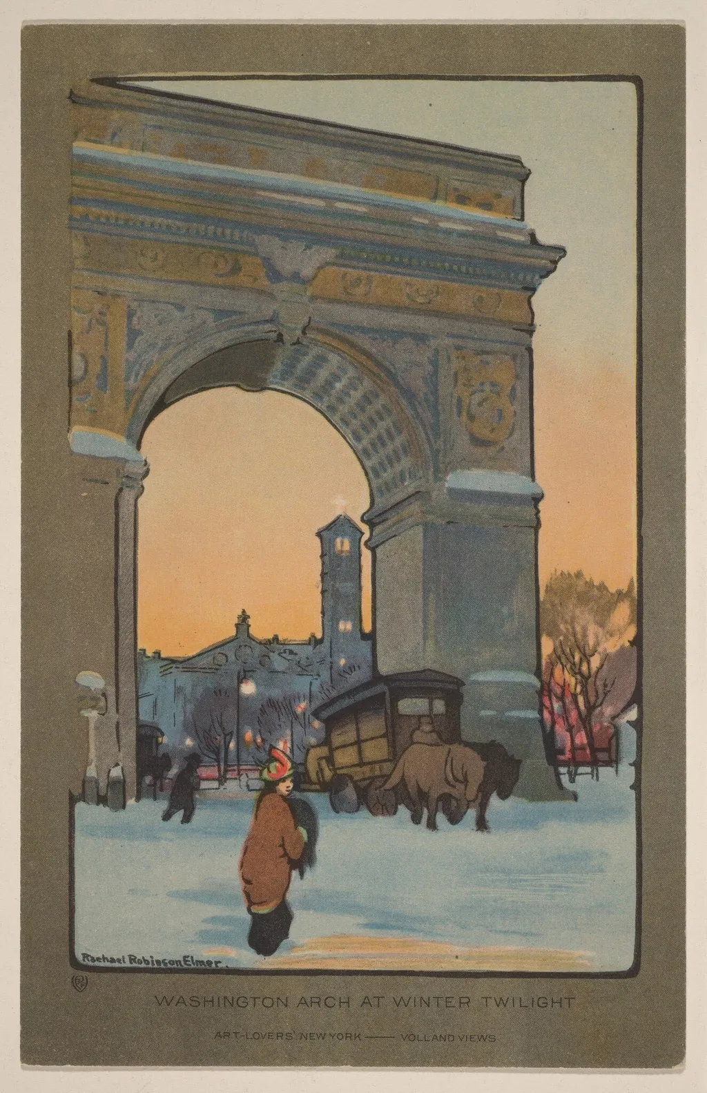 Washington Arch at Winter Twilight, by Rachael Robinson Elmer, ink, 1914