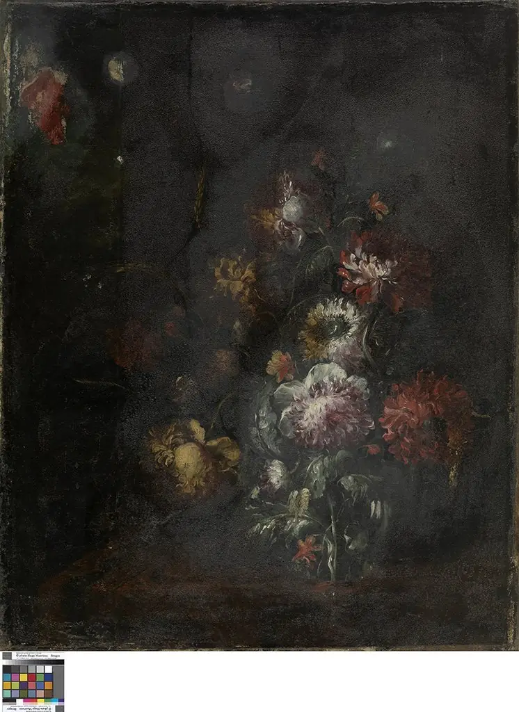 Flowers in a glass vase, by Rachel Ruysch