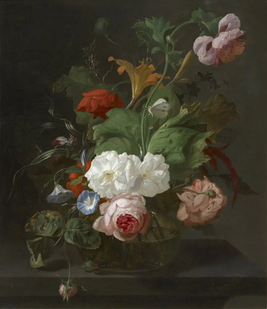 Flowers in a Glass Vase, by Rachel Ruysch