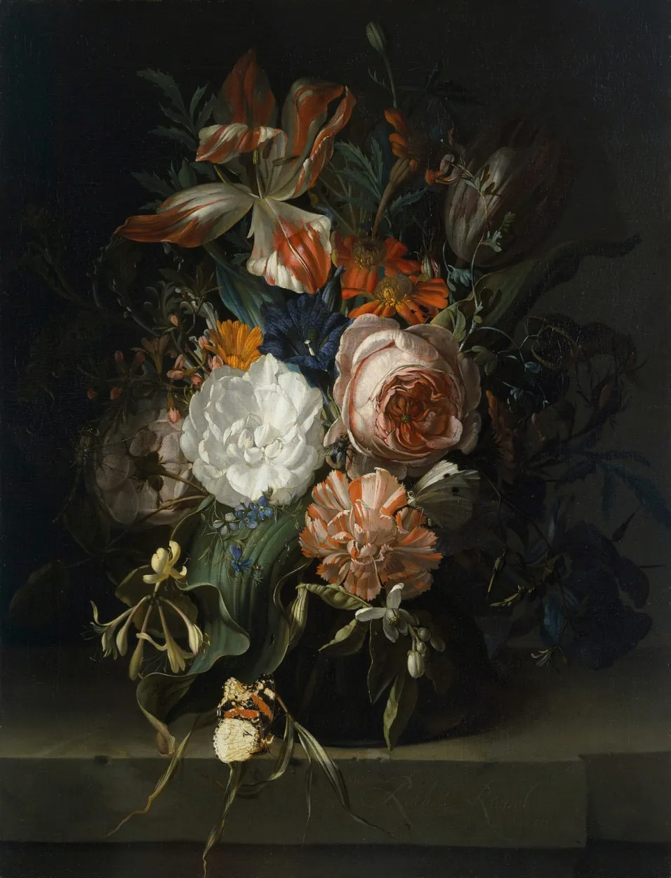 Flowers in a glass vase on a marble ledge, 1691, by Rachel Ruysch, oil, 1696