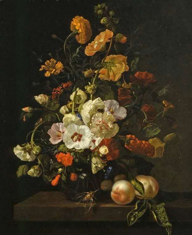 Flowers in a glass vase, with insects and peaches, on a marble tabletop, by Rachel Ruysch, oil, 1701