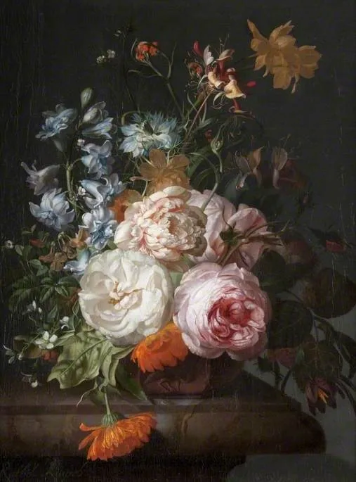 Flowers in a Terracotta Vase, by Rachel Ruysch, oil, 1723