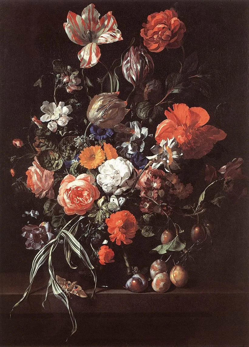 Still-Life with Flower Bouquet and Plums, by Rachel Ruysch, oil, 1704
