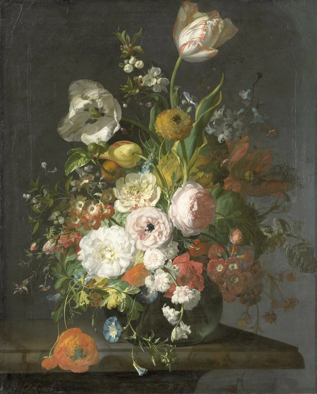 Still Life with Flowers in a Glass Vase, by Rachel Ruysch, oil, 1700