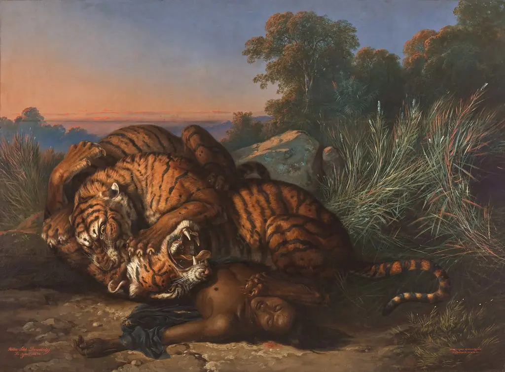 Tigers Fighting over a Dead Javanese, by Raden Saleh