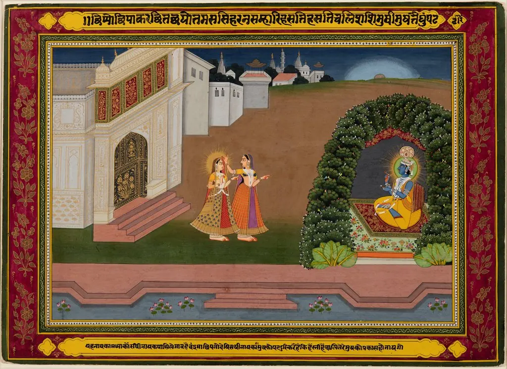 Radha’s Confidante Brings Her to Krishna, based on poetry of Bihari (Indian, 1595–1663)