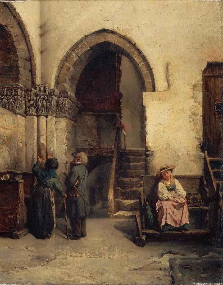 Archäologe in der Kirche von Valeria, by Rafael Ritz, oil, 1870