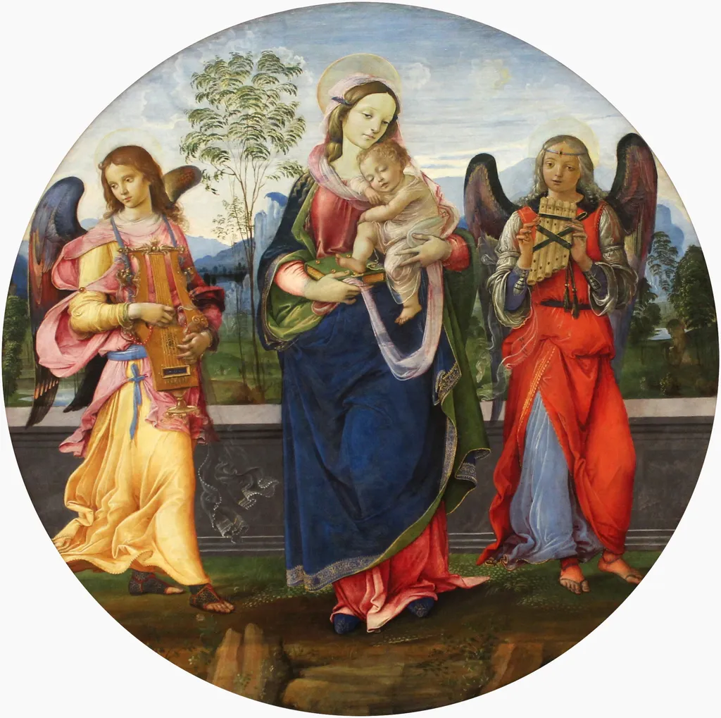 Madonna and Child with two angels playing music, by Raffaellino del Garbo, paint