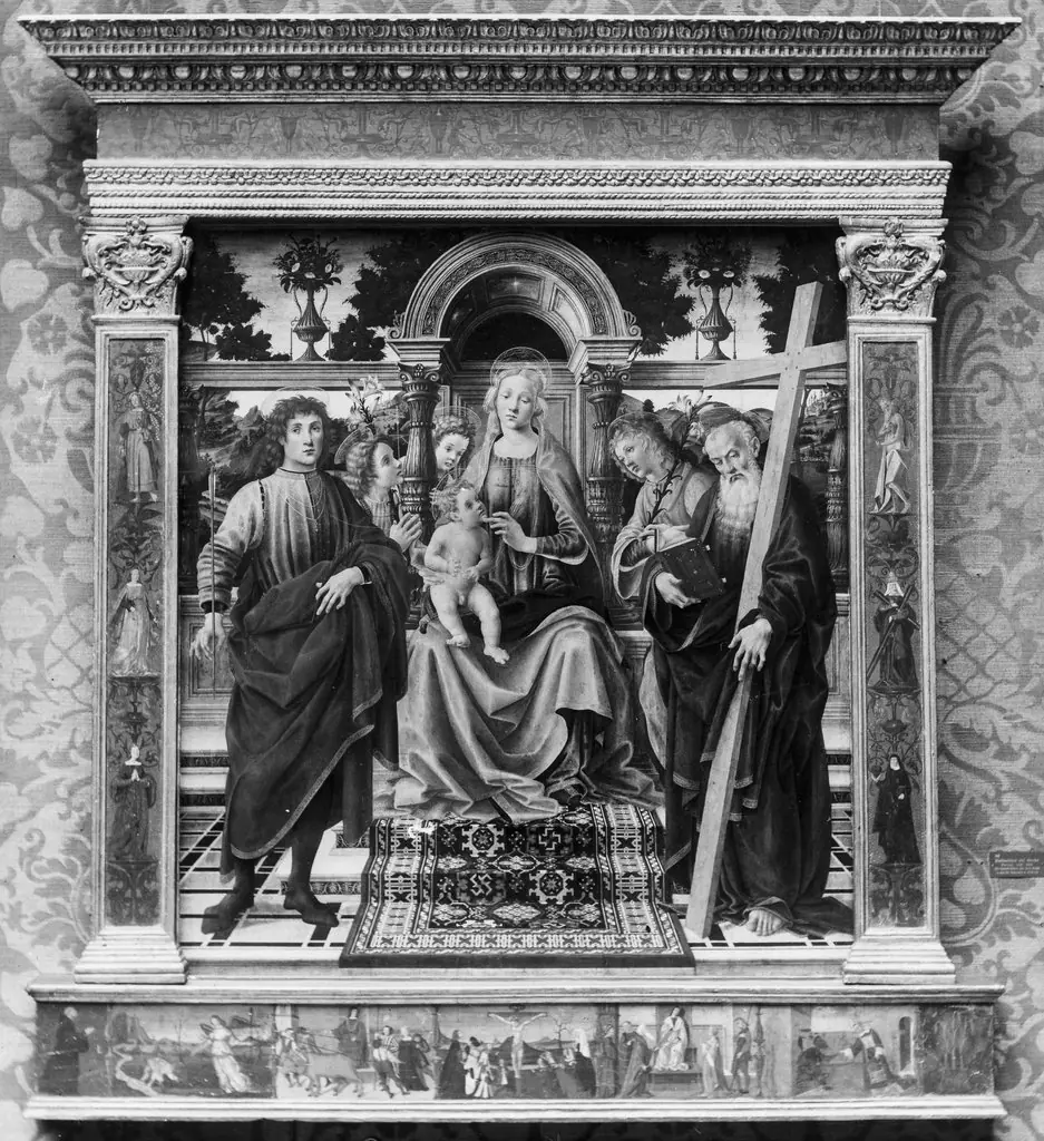 Mary enthroned with the child, two angels and two saints, by Raffaellino del Garbo