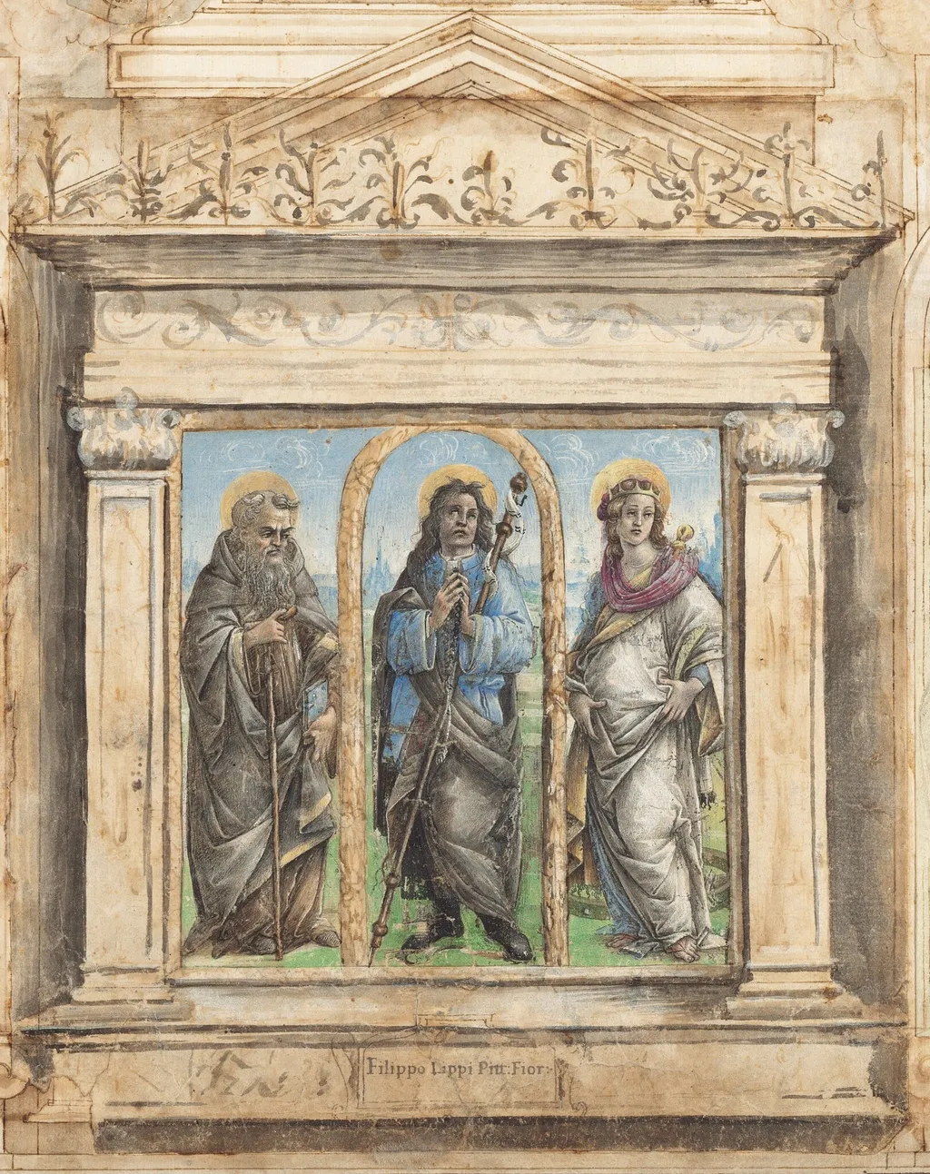 Saint Roch between Saints Anthony Abbot and Catherine of Alexandria, by Raffaellino del Garbo, gouache, 1490