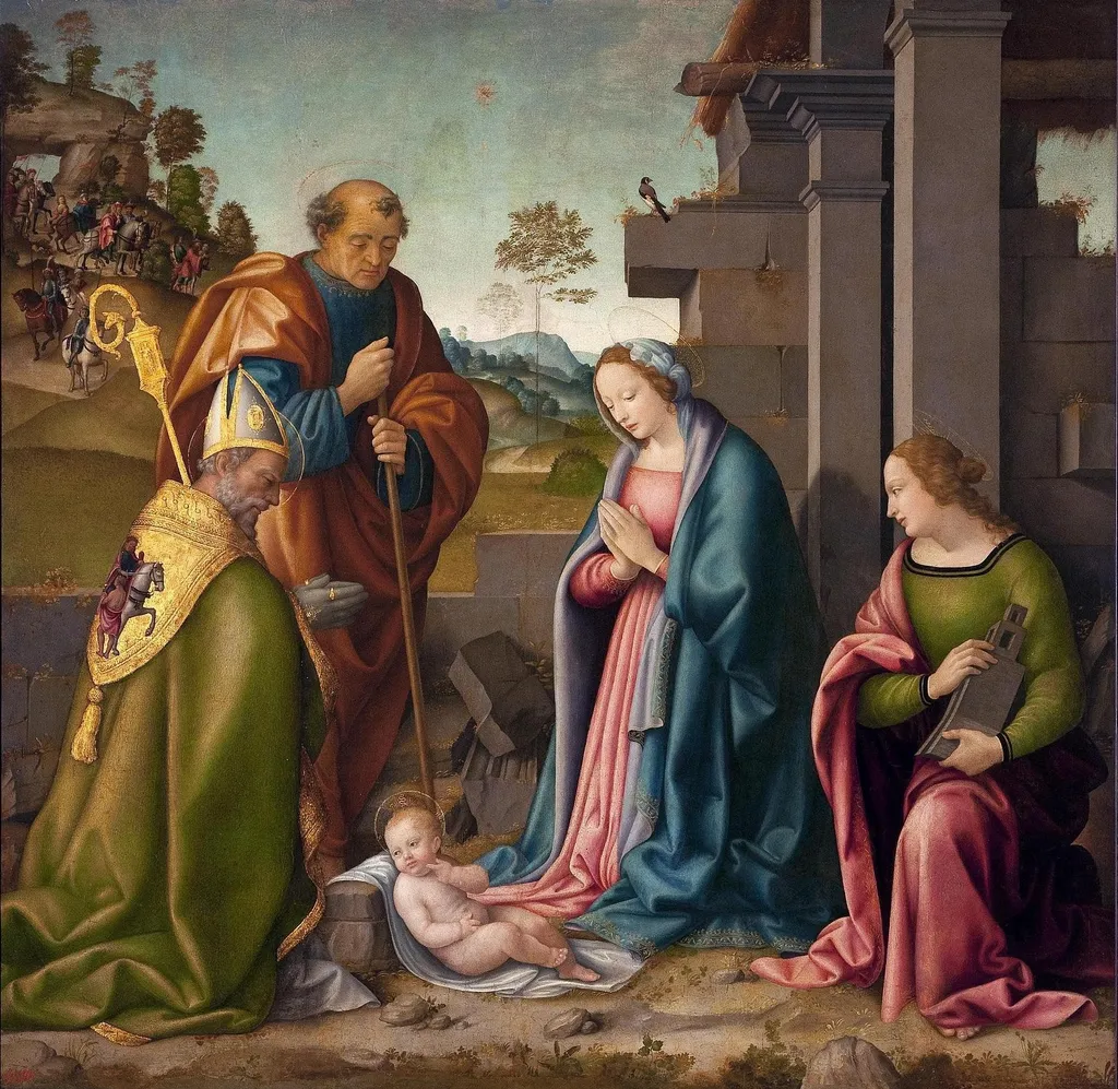 Adoration of the Christ Child, with Sts Barbara and Martin, by Raffaello Botticini, unspecified, 1512
