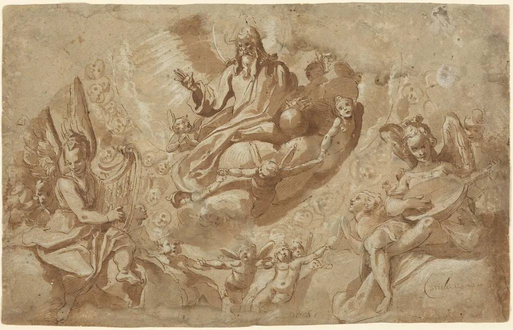 God the Father and Angels on Clouds, by Raffaello Motta, ink, 1564