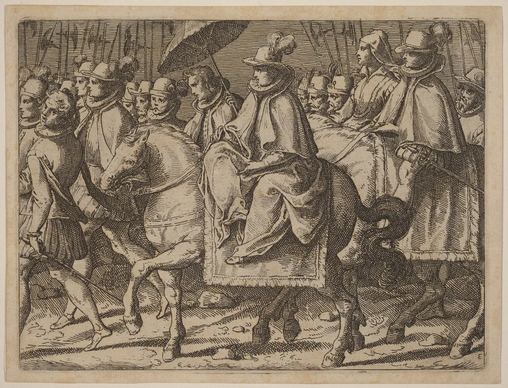 Margaret of Austria on Horseback, by Raffaello Schiaminossi, ink, 1612