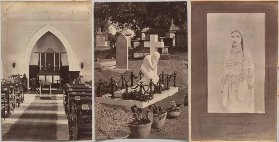 Interior of Church, Neemuch (recto, right); Grave of Dr. Falwasser, Neemuch (recto, left); Indian Lady 250 BC (verso, right), by Raja Deen Dayal, 1884