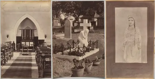 Interior of Church, Neemuch (recto, right); Grave of Dr. Falwasser, Neemuch (recto, left); Indian Lady 250 BC (verso, right), by Raja Deen Dayal