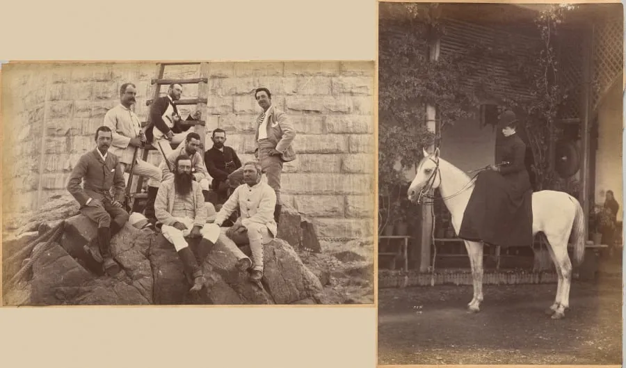 Managing staff of Meprs. Glover & Co. at Sindh Bridge (recto, top); Untitled: Woman on horse (verso, right), by Raja Deen Dayal, 1884