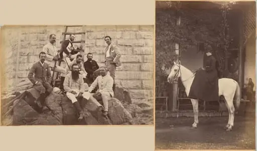 Managing staff of Meprs. Glover & Co. at Sindh Bridge (recto, top); Untitled: Woman on horse (verso, right), by Raja Deen Dayal