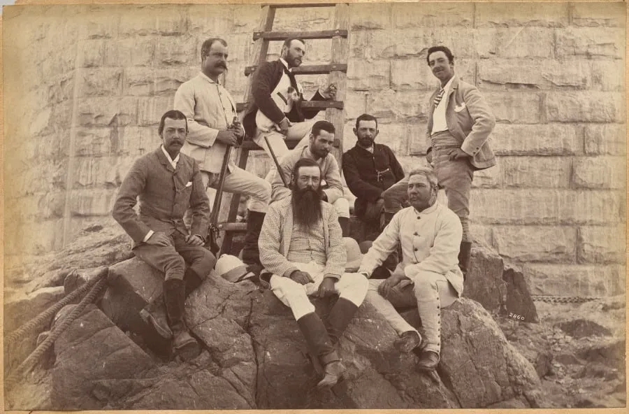 Managing staff of Meprs. Glover & Co. at Sindh Bridge (recto, top), by Raja Deen Dayal, 1884
