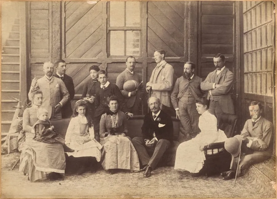 Shimla 17th May 1887: Viceregal party. Lord William Beresford, Military Secretary, Captain Leonard Gordon A.D.C., Mademoiselle Clerc, The Honorable Basit Blackwood, Major F. R. Hamilton A.D.C., Mr. Oglivie Grant, Sir Donald Mackenzie Wallace K.C.E., Private Secretary, Dr. J. Findlay, Mrs. F. R. Hamilton, Master G. Hamilton, Lady Victoria Blackwood, H. E. The Countess of Dufferin, H. E. The Earl of Dufferin, Lady Hermione Blackwood, Lord Herbrand Russell, A.D.C. (recto), by Raja Deen Dayal, 1887
