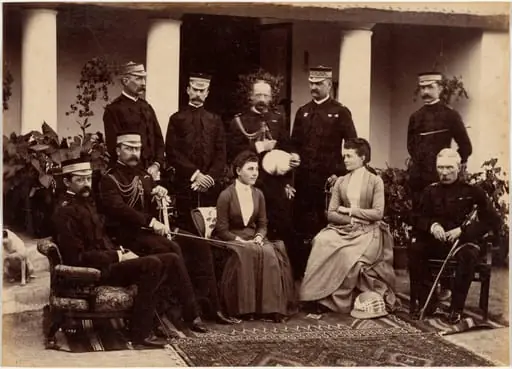 The Duke and Duchess of Connaught, with Col. Adam, Captain H.V. Benett, Col. Becher, Gen. Knowles, Captain Herbert, Col. Cavaye, Mrs. Cavaye, and Gen. R. Gellispie, Mhow, by Raja Deen Dayal