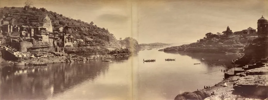 Two-Part Panorama with View of the Narmada River at Omkareshwar, by Raja Deen Dayal, 1882
